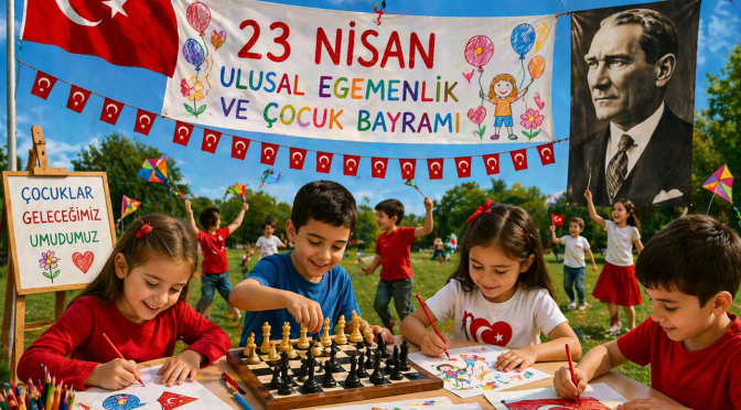 23 nisan ulusal egemenlik ve çocuk bayramı kutlamasında çocuklar satranç oynuyor ve resim çiziyor antalya satranç etkinliği