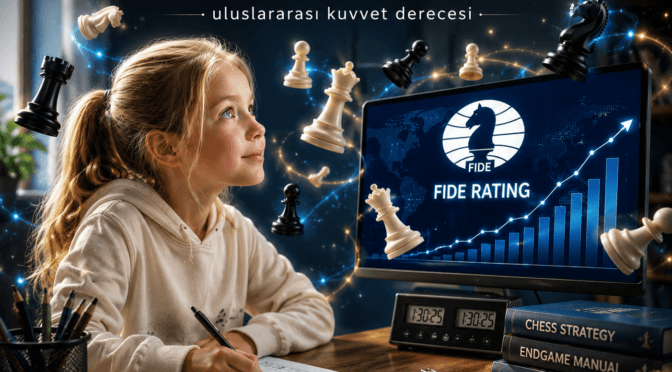 Elo Nedir? FIDE Rating ekranını inceleyen satranç oynayan sarışın kız çocuğu, havada satranç taşları ve uluslararası kuvvet derecesi teması.