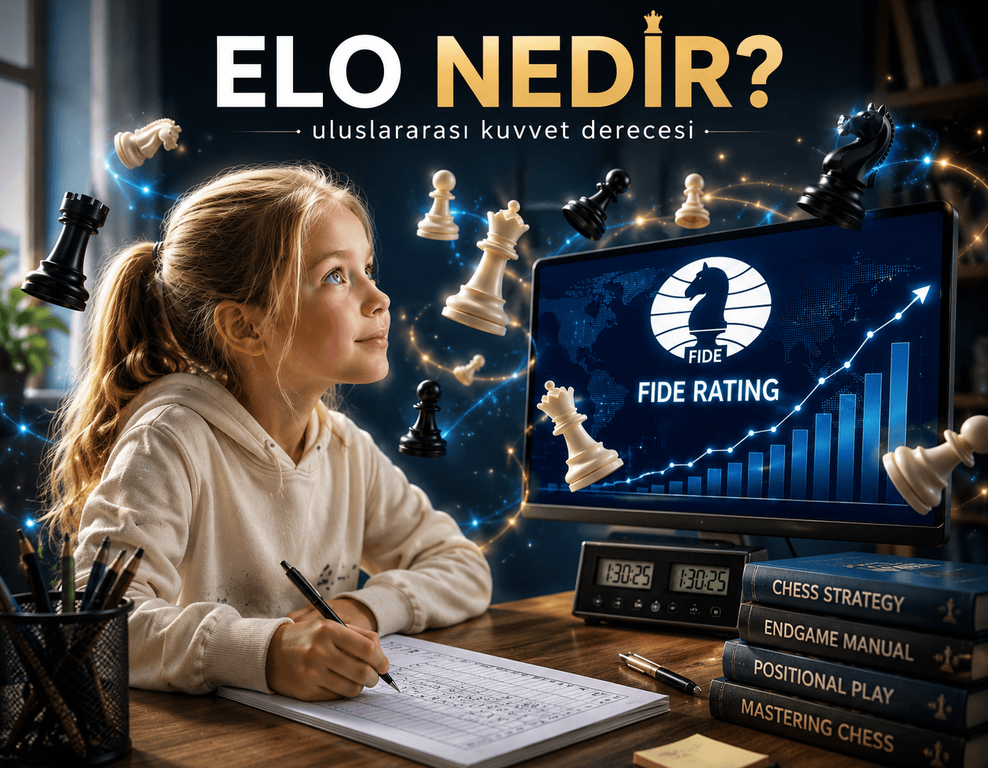Elo Nedir? FIDE Rating ekranını inceleyen satranç oynayan sarışın kız çocuğu, havada satranç taşları ve uluslararası kuvvet derecesi teması.