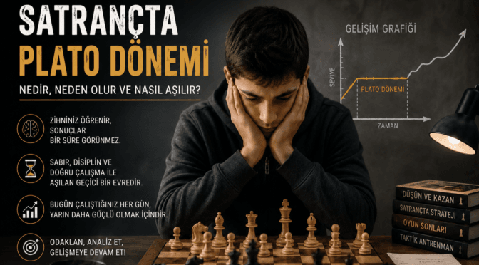 Satrançta plato dönemi yaşayan bir satranç oyuncusu satranç tahtası başında düşünürken.
