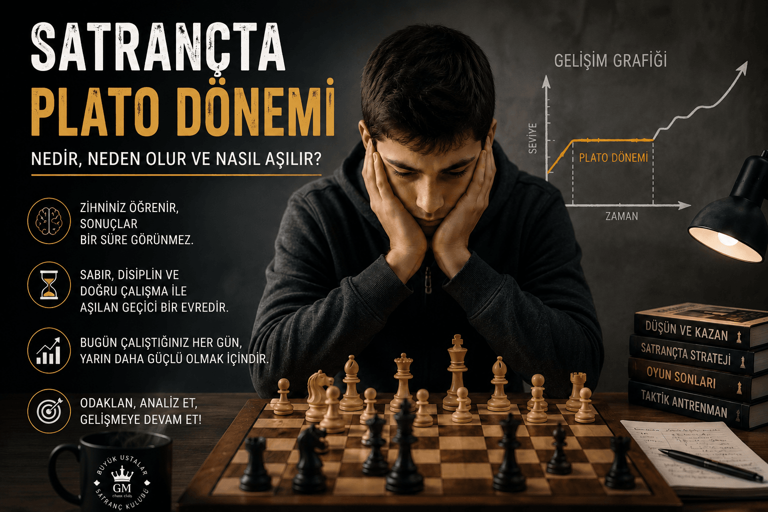 Satrançta plato dönemi yaşayan bir satranç oyuncusu satranç tahtası üzerinde düşünürken.