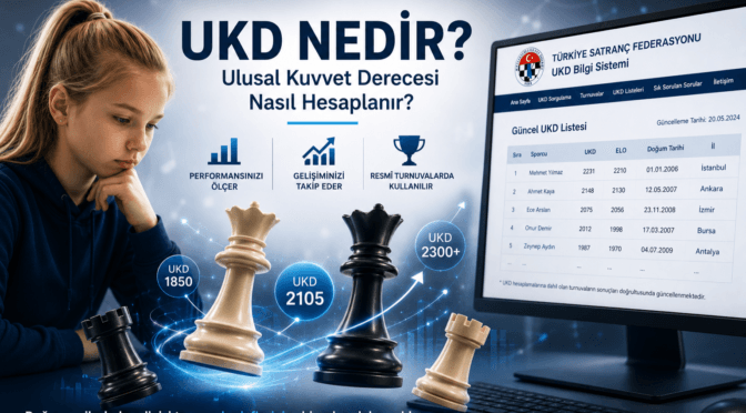 UKD Nedir? Ulusal Kuvvet Derecesi sistemini anlatan görsel, satranç taşları, TSF UKD Bilgi Sistemi ve satranç turnuvası teması.