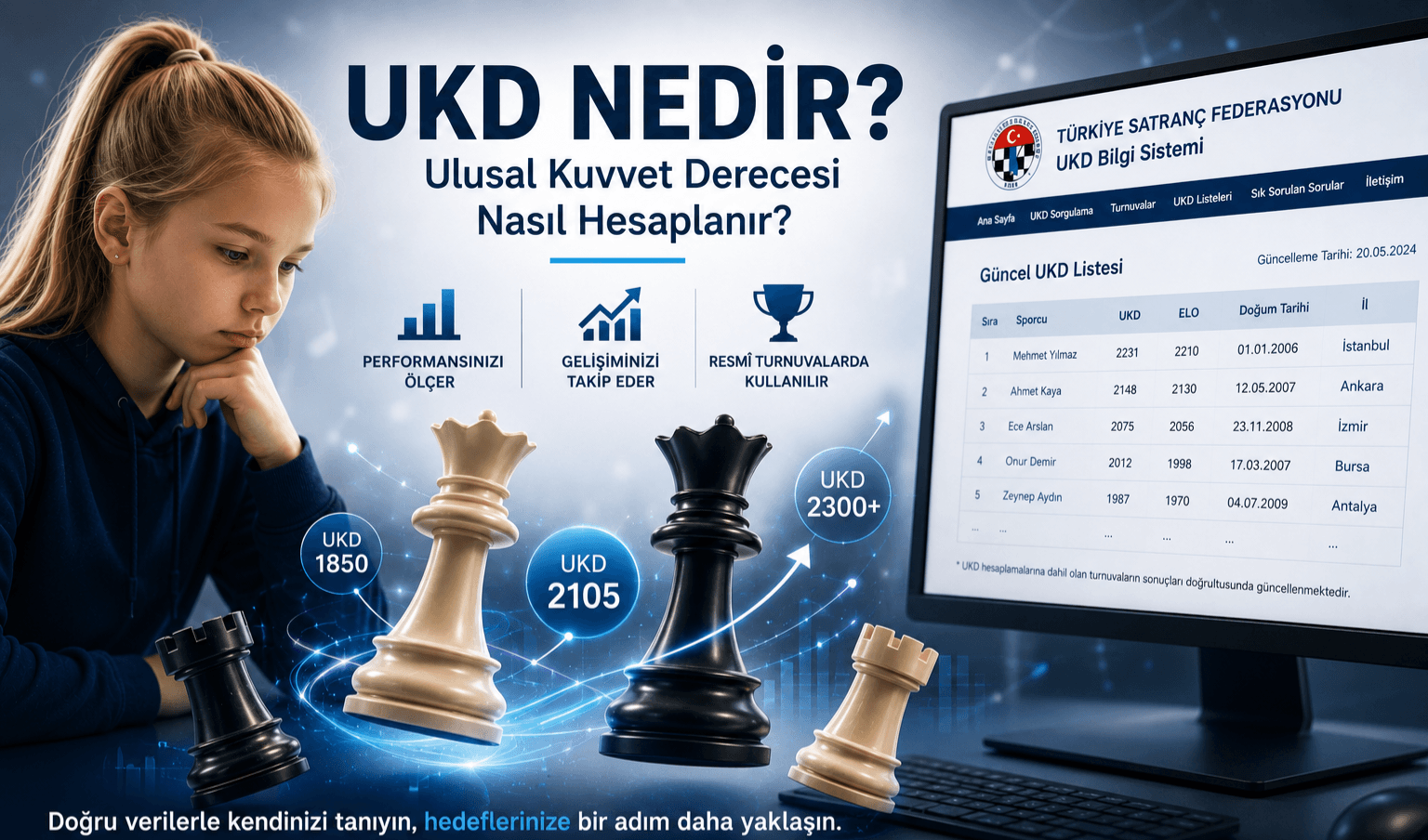 UKD Nedir? Ulusal Kuvvet Derecesi sistemini anlatan görsel, satranç taşları, TSF UKD Bilgi Sistemi ve satranç turnuvası teması.